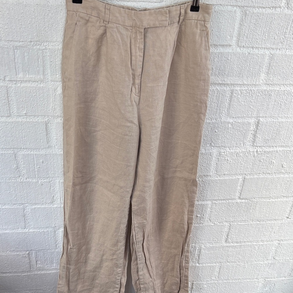 Zara Linen High Rise Barrel Khaki Pants sz M
